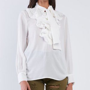 Vintage White Ruffle Button Down Self Tie Chest Long Sleeve Blouse Top NWT